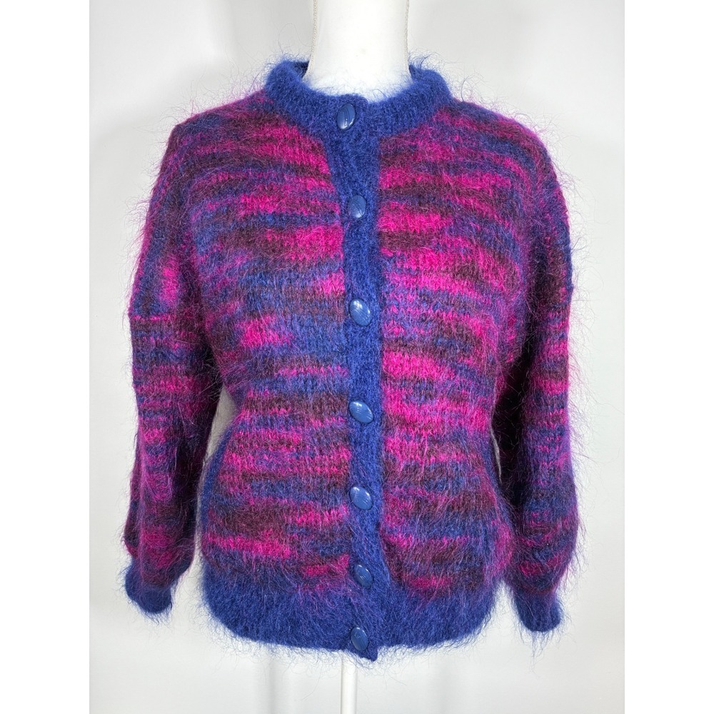 Vintage Mohair Knit Sweater Jacket Lined Pink Blue Purple Button Front XL 2X
